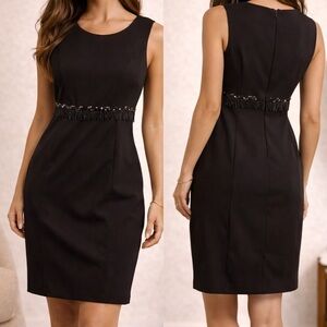 John Roberts Petite Black Dress Size 12P Beaded Waist Sheath Career Formal